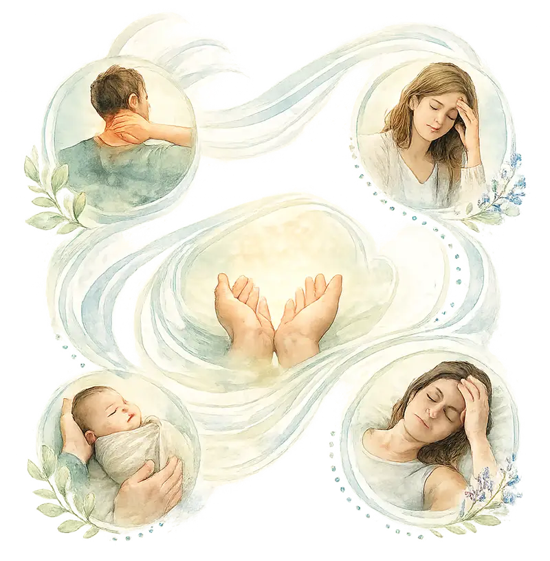 Watercolor-style illustration representing conditions treated with biodynamic craniosacral therapy, including pain, emotional stress, infant care, and headaches, connected by flowing calming shapes and healing hands.