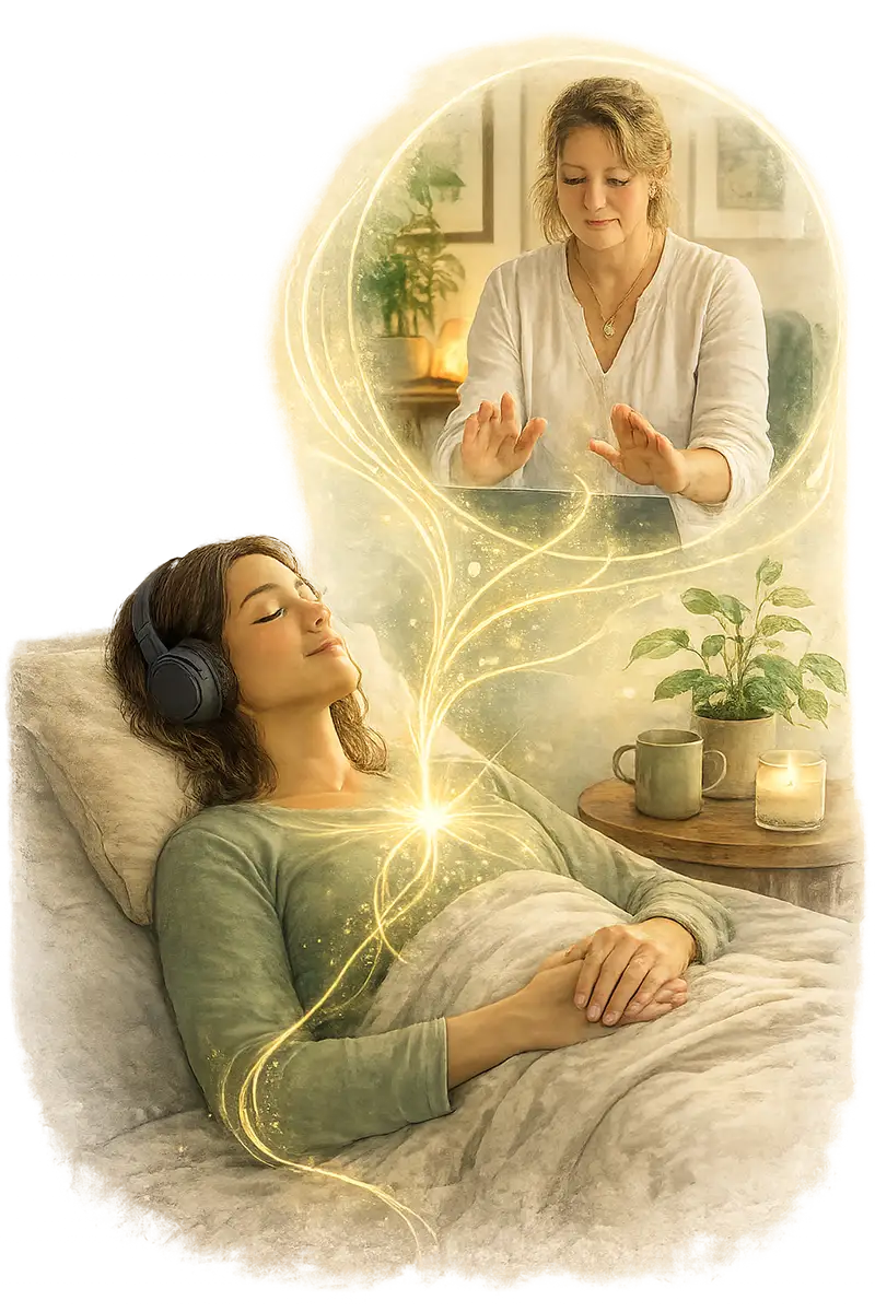 Watercolor-style illustration of a woman relaxing during a remote BCST telehealth session while connected by video with her practitioner, surrounded by soft glowing energy and calming home elements.