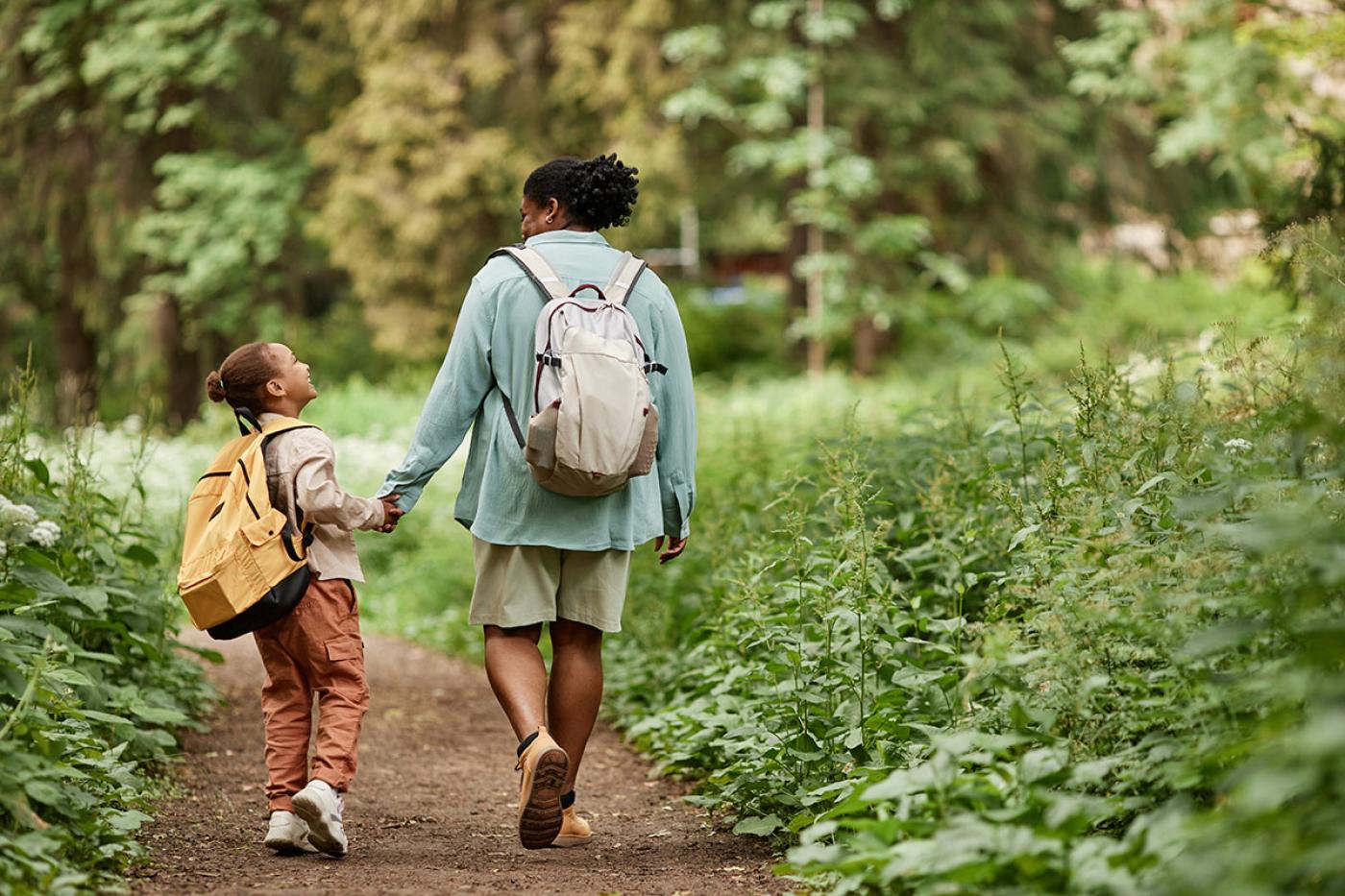 An adult and child walk hand in hand along a peaceful forest trail, representing emotional support, healing, connection, and resilience.