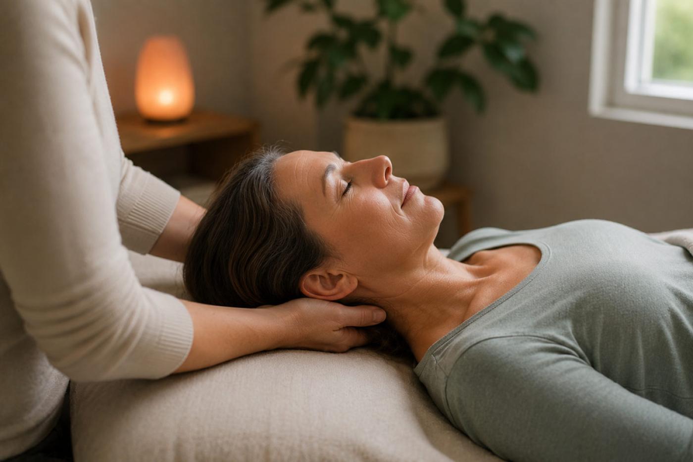 A therapist gently supports a woman’s head and neck during a calming craniosacral therapy session for headaches and migraines in a warm, softly lit treatment room.